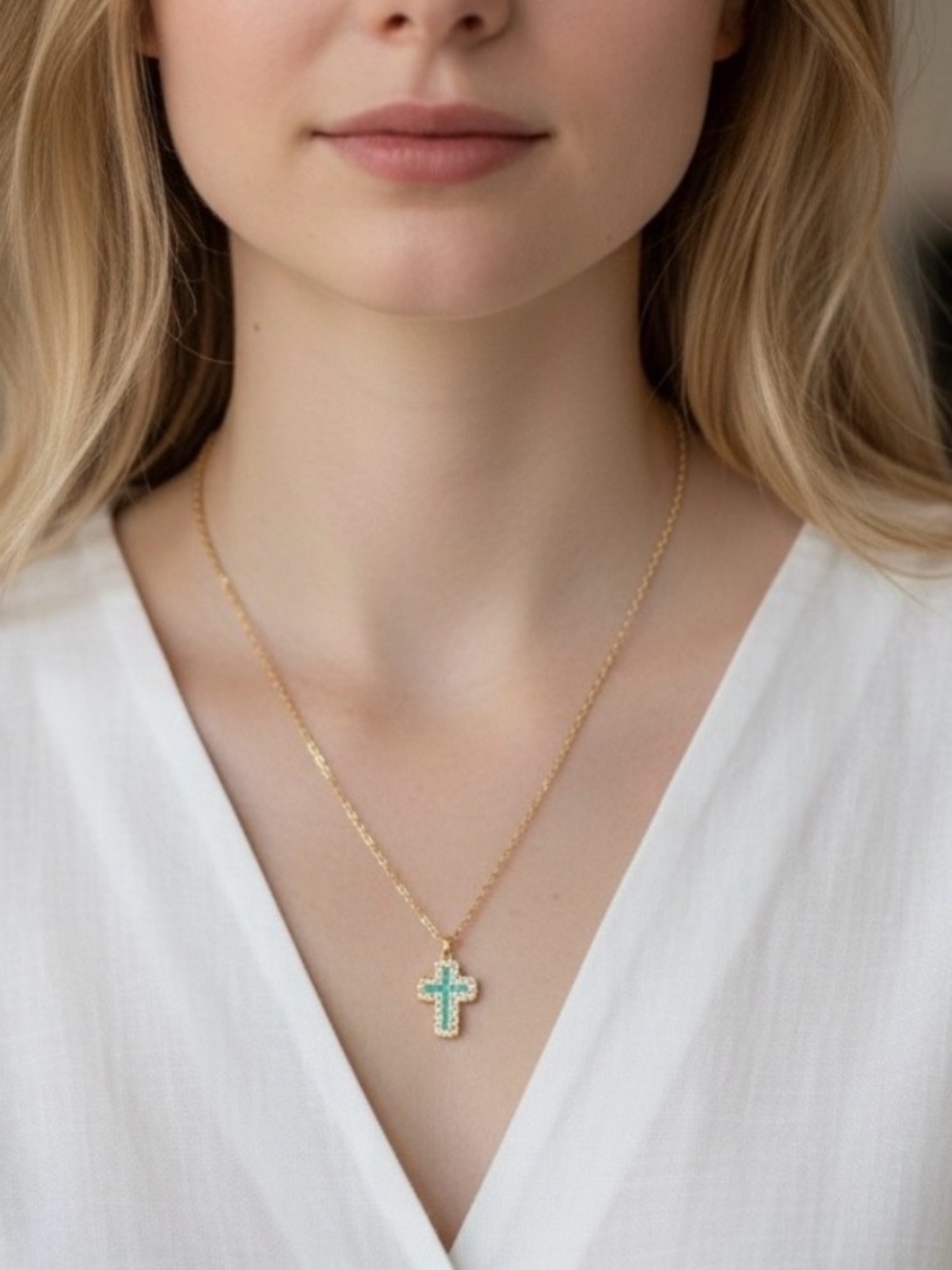 🆕 Plunder Gold Cross Pendant Necklace with Turquoise Enamel and Crystal Accents